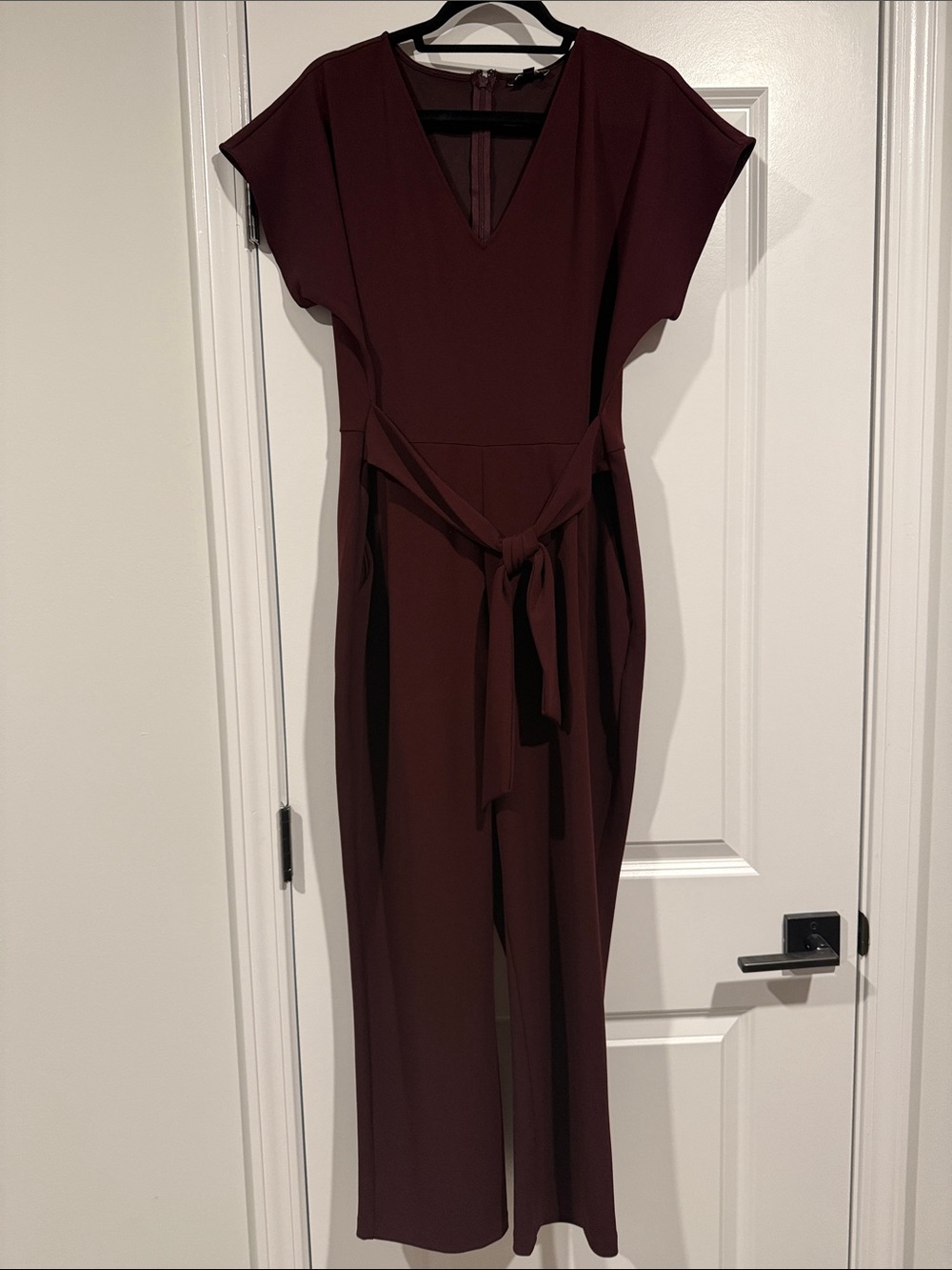 Women's V-Neck Burgundy Jumpsuit with Tie Waist